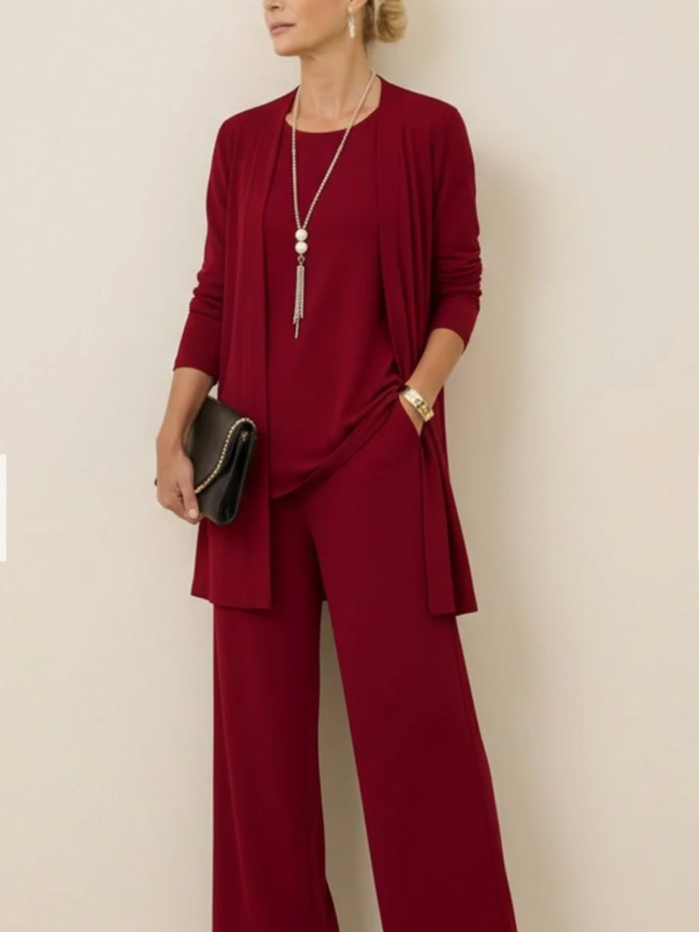 Women's Wide-Leg 3 Piece Set in Deep Wine, Size Medium (Fits like a Small)